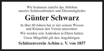 Traueranzeige von Günter Schwarz von KREISZEITUNG SYKE