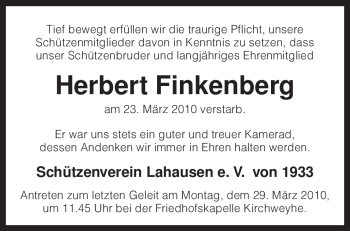 Traueranzeige von Herbert Finkenberg von KREISZEITUNG SYKE