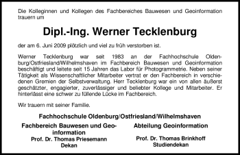 Traueranzeige von Werner Tecklenburg 