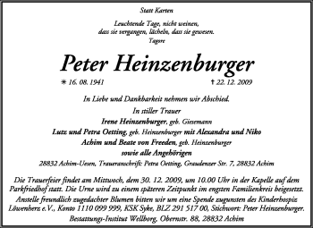 Traueranzeige von Peter Heinzenburger von KREISZEITUNG SYKE