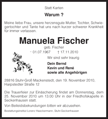 Traueranzeige von Manuela Fischer von KREISZEITUNG SYKE