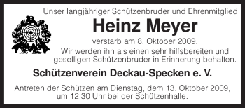 Traueranzeige von Heinz Meyer von KREISZEITUNG SYKE