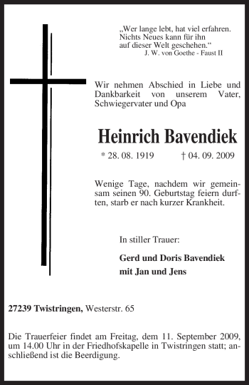 Traueranzeige von Heinrich Bavendiek von KREISZEITUNG SYKE