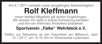 Traueranzeige von Rolf Kleffmann von KREISZEITUNG SYKE