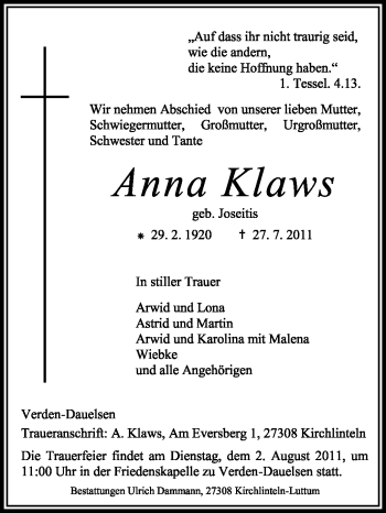 Traueranzeige von Anna Klaws von KREISZEITUNG SYKE