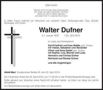 Traueranzeige von Walter Dufner von KREISZEITUNG SYKE