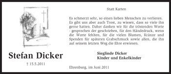 Traueranzeige von Stefan Dicker von KREISZEITUNG SYKE