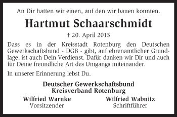 Traueranzeige von Hartmut Schaarschmidt von KRZ