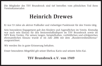 Traueranzeige von Heinrich Drewes von KREISZEITUNG SYKE