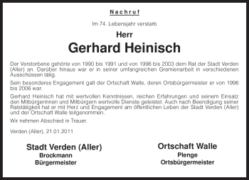 Traueranzeige von Gerhard Heinisch von KREISZEITUNG SYKE