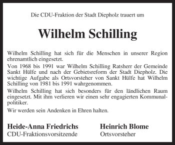 Traueranzeige von Wilhelm Schilling von KREISZEITUNG SYKE