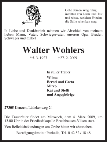 Traueranzeige von Walter Wohlers von KREISZEITUNG SYKE