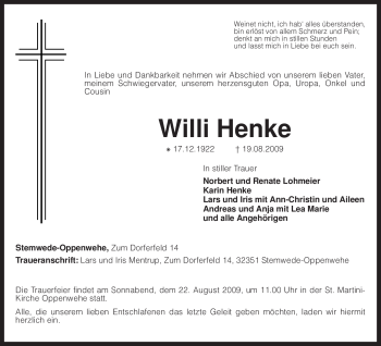 Traueranzeige von Willi Henke von KREISZEITUNG SYKE