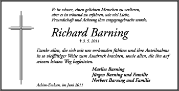 Traueranzeige von Richard Barning von KREISZEITUNG SYKE