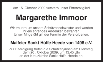 Traueranzeige von Margarethe Immoor von KREISZEITUNG SYKE