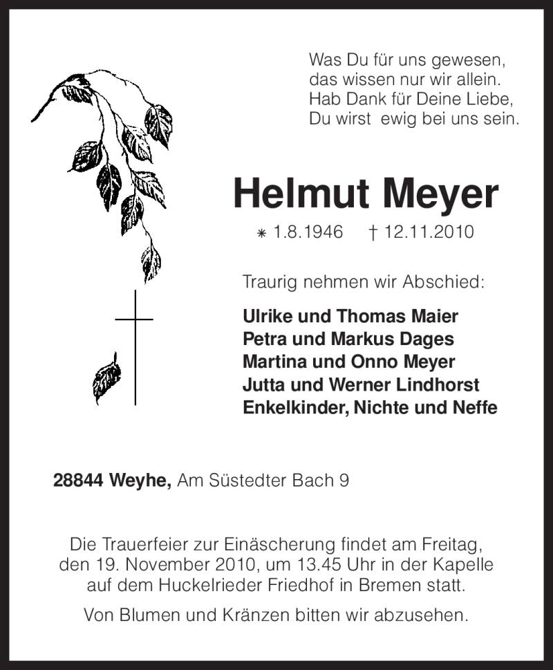  Traueranzeige für Helmut Meyer vom 17.11.2010 aus KREISZEITUNG SYKE
