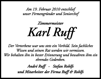 Traueranzeige von Karl Ruff von KREISZEITUNG SYKE