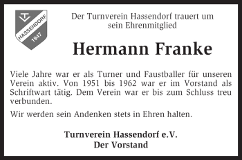 Traueranzeige von Hermann Franke von KREISZEITUNG SYKE