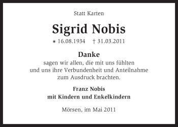 Traueranzeige von Sigrid Nobis von KREISZEITUNG SYKE