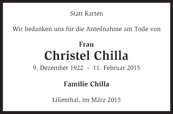 Traueranzeige von Christel Chilla von KRZ