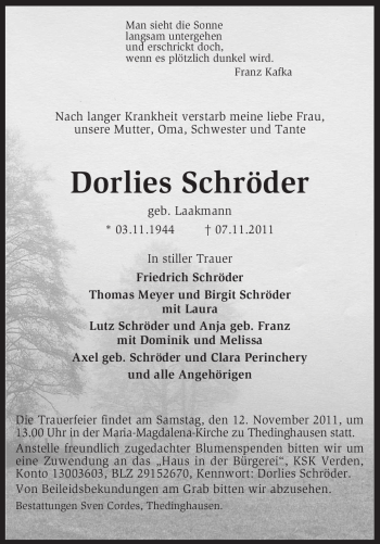 Traueranzeige von Dorlies Schröder von KREISZEITUNG SYKE