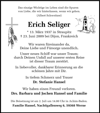 Traueranzeige von Erich Seliger 