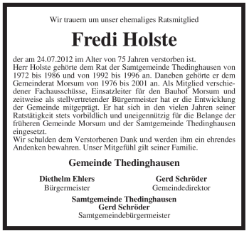 Traueranzeige von Fredi Holste von KREISZEITUNG SYKE