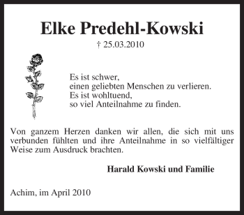 Traueranzeige von Elke Predehl-Kowski von KREISZEITUNG SYKE