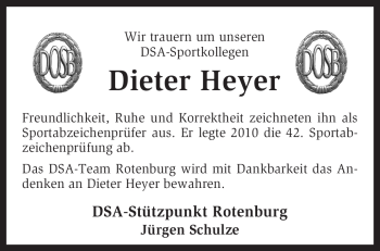 Traueranzeige von Dieter Heyer von KREISZEITUNG SYKE