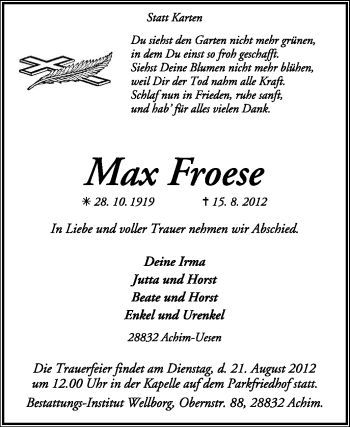 Traueranzeige von Max Froese von KREISZEITUNG SYKE