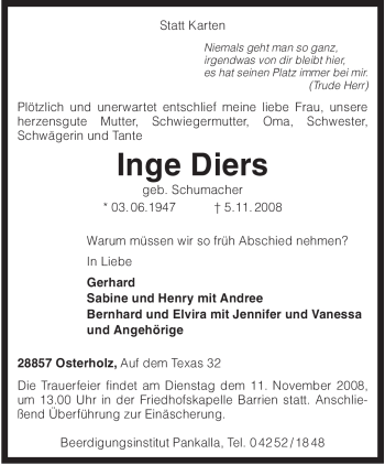 Traueranzeige von Inge Diers von KREISZEITUNG SYKE