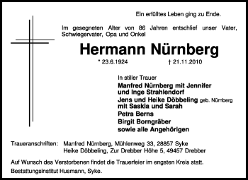 Traueranzeige von Hermann Nürnberg von KREISZEITUNG SYKE