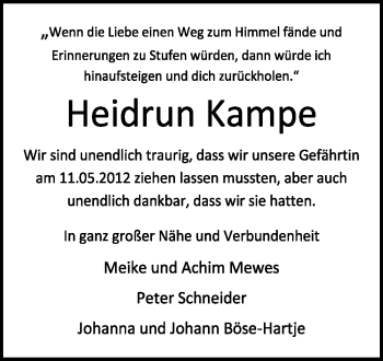 Traueranzeige von Heidrun Kampe von KREISZEITUNG SYKE