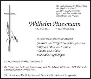 Traueranzeige von Wilhelm Huesmann von KREISZEITUNG SYKE