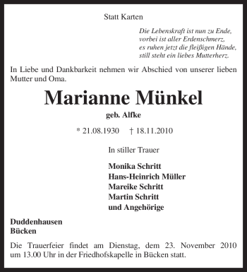 Traueranzeige von Marianne Münkel von KREISZEITUNG SYKE