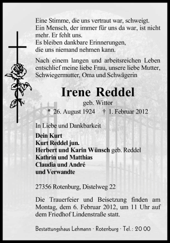 Traueranzeige von Irene Reddel von KREISZEITUNG SYKE