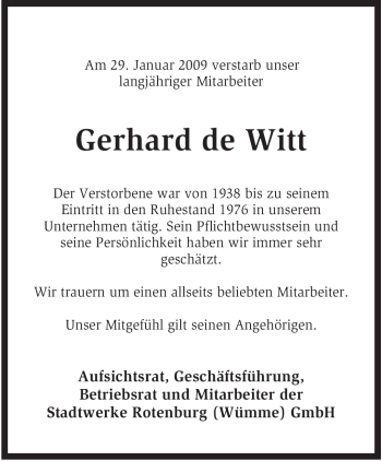 Traueranzeige von Gerhard de Witt von KREISZEITUNG SYKE