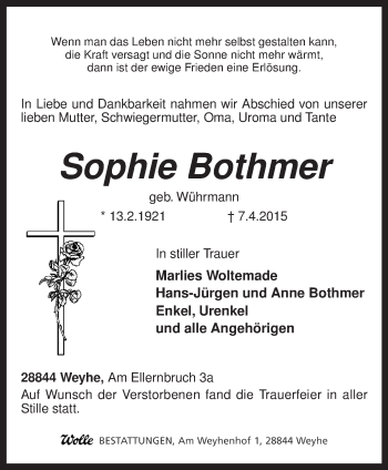 Traueranzeige von Sophie Bothmer von KRZ