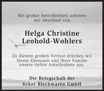 Traueranzeige von Helga Christine Leohold-Wohlers von KREISZEITUNG SYKE