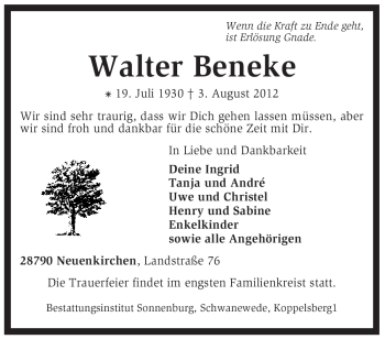 Traueranzeige von Walter Beneke von KREISZEITUNG SYKE