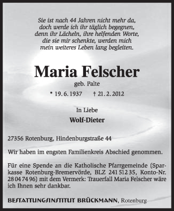 Traueranzeige von Maria Felscher von KREISZEITUNG SYKE