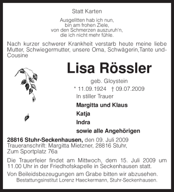 Traueranzeige von Lisa Rössler von KREISZEITUNG SYKE