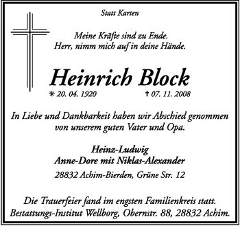 Traueranzeige von Heinrich Block von KREISZEITUNG SYKE