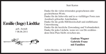 Traueranzeige von Emilie Liedtke von KREISZEITUNG SYKE