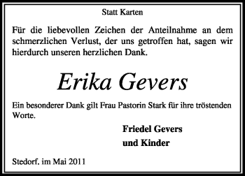 Traueranzeige von Erika Gevers von KREISZEITUNG SYKE