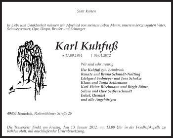 Traueranzeige von Karl Kuhfuß von KREISZEITUNG SYKE