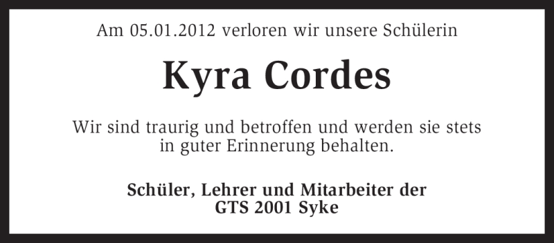  Traueranzeige für Kyra Cordes vom 12.01.2012 aus KREISZEITUNG SYKE