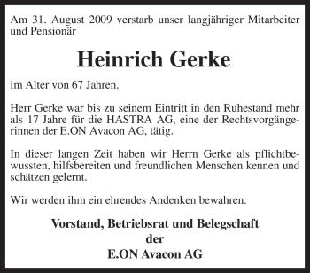 Traueranzeige von Heinrich Gerke von KREISZEITUNG SYKE