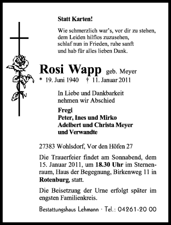 Traueranzeige von Rosi Wapp von KREISZEITUNG SYKE