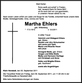 Traueranzeige von Martha Ehlers von KREISZEITUNG SYKE